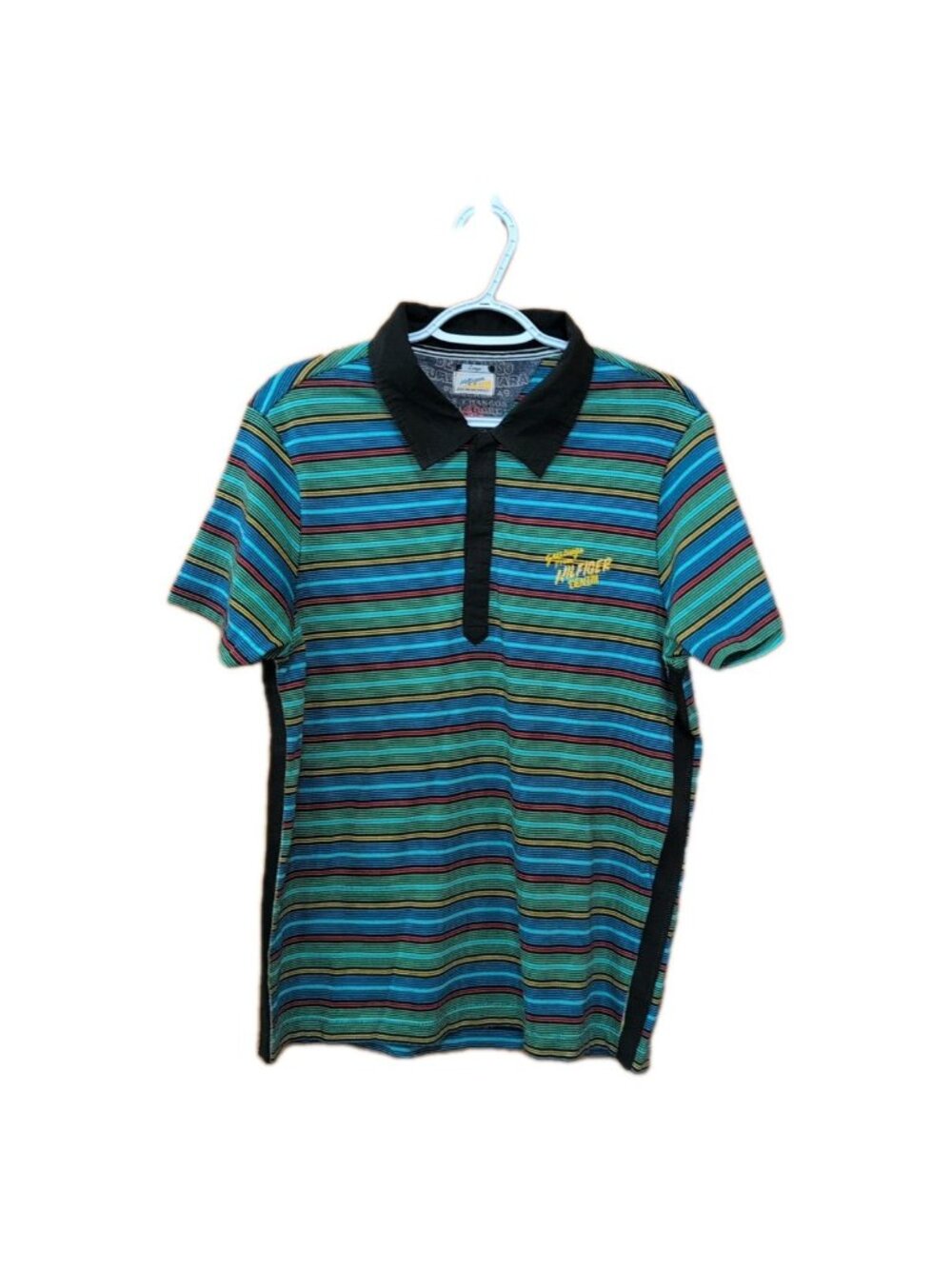 Hilfiger Denim Shirt Men's L Green Yellow Red Vtg Y2K Short Sleeve Striped Polo‎